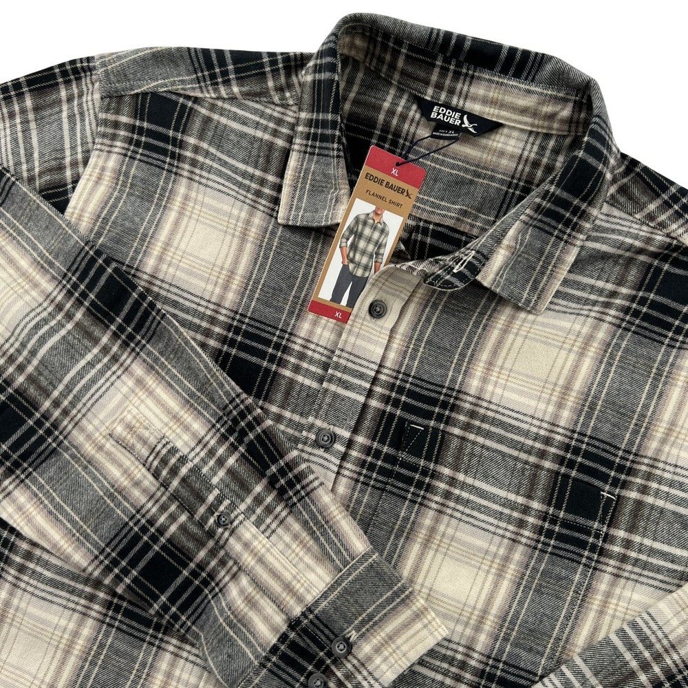 NEW Eddie Bauer Flannel Shirt Mens XL Cream Black Plaid Long Sleeve Gorpcore